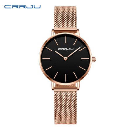 CRRJU Women's Watch Top Brand Ultra Thin Quartz Casual Stainless Steel Waterproof 2185X ROSE BLACK