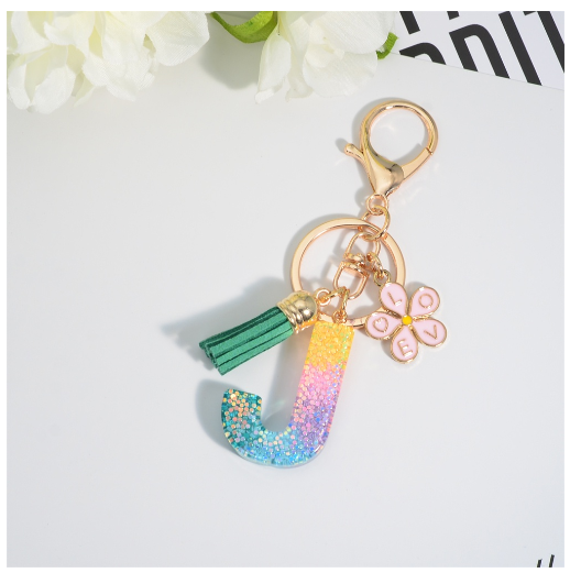 Fashion 26 Letter Resin Keychain A-Z Round Sequins Filled Alphabet Flower Pendant Keyring with Tassel Bag Ornament Accessories J