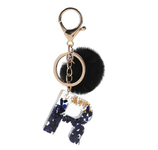 New Black Pompom 26 English Alphabet Resin With Gold Foil Keychain Charms Exquisite Letter Keyring R