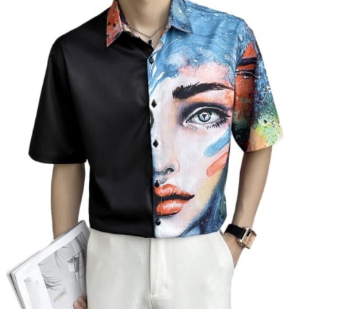 Men's Fashion Half Abstract Face Half Solid Short Sleeve Shirt