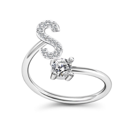 Simple Rhinestone 26 Letter Rings For Women Sliver Color Initials Adjustable Ring Opening Finger Accessories Wedding Jewelry S