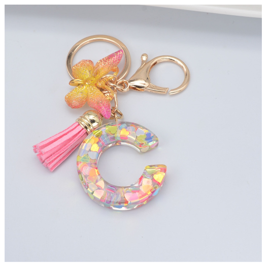 Exquisite 26 Letter Resin Keychain with Pink Tassel Gradient Butterfly Pendant Key Ring Women Bag Ornaments Accessories C