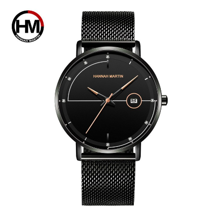 Hannah Martin Mens Watch Simple Design Quartz Watches Stainless Steel Mesh Ultra-Thin Calendar Wristwatch ROSEGOLD