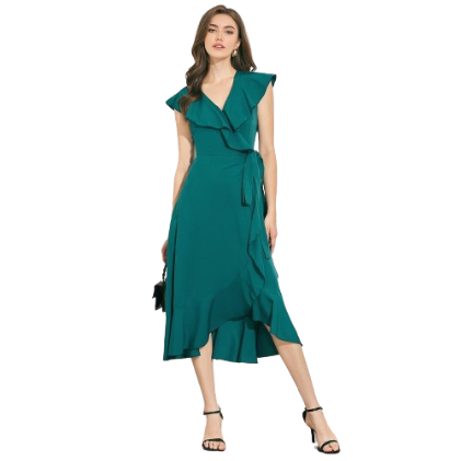 Lovito Casual Plain Ruffle Wrap Lace Up Flounce Dress for Women L47LD069 (Dark Green)