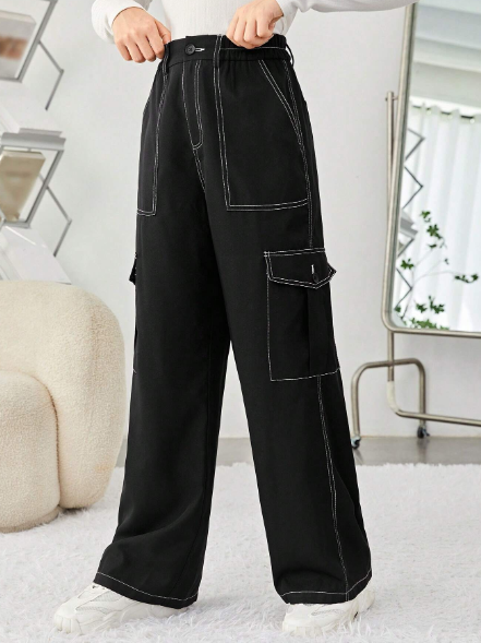 SHEIN Teenage Girls' Woven Solid Color Casual Pants With Pockets And Contrast Details