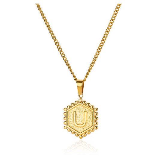 Fashion Hexagon A-Z Letter Necklaces For Women Stainless Steel Initial Hexagon Pendant Necklace U