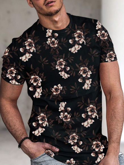 Manfinity RSRT Men T-Shirts Fit Crew Neck Short Sleeve Graphic Tee Floral Vintage Casual Summer Polyester