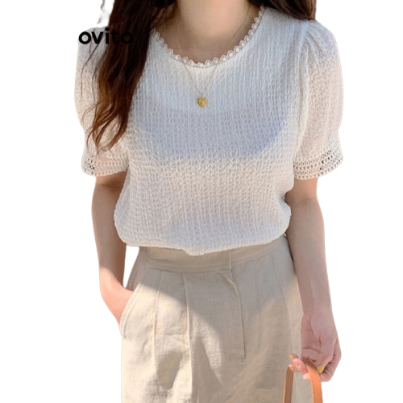 Lovito Women Ruffle Neck Fabric Stitching Puff Sleeve Blouse LNE24072 (White)