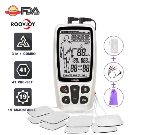 ROOVJOY TENS MASSAGERS Rechargeable 16 PADS EMS TENS Unit 3 in 1 Home Muscle Stimulator RC4A Machine Pain Relief FDA