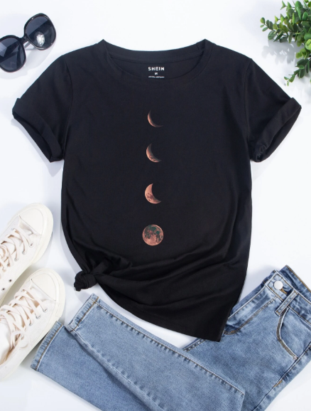 SHEIN EZwear Moon Print Short Sleeve Tee