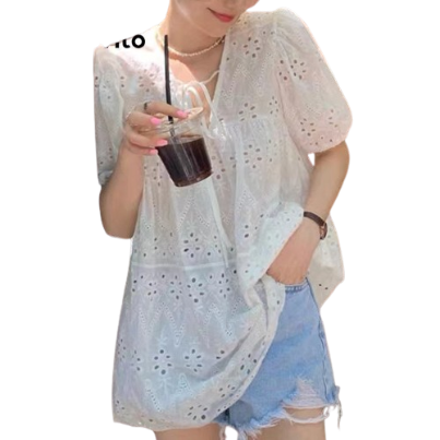 Lovito Women Lace Up Eyelet Embroidery Jacquard Blouse LNE24143 (White)