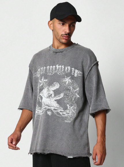 SUMWON Washed Loopback Raw Edges Tee With Faded Graphic Print