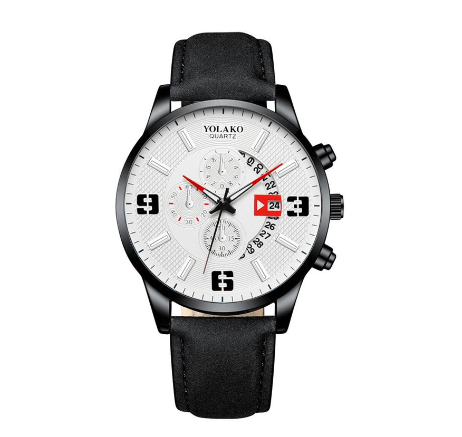 YOLAKO Stainless Steel Men's Quartz Sport Waterproof Watch Men Relo Watch LEATHER BLACK WHITE