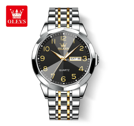 Olevs Watch For Men Waterproof Original Quartz Luminous Calendar Stainless Steel Watch BLACK DIAL TWO TONE