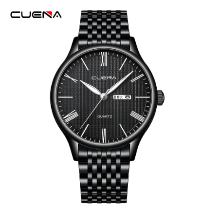 Original CUENA Men's Watch Stainless Steel Vintage Dial Fashion Simple Casual Business Sports Quartz Waterproof Watch BLACK SILVER