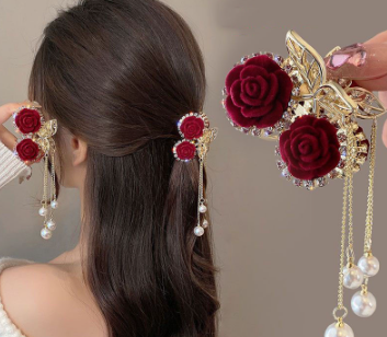 New Style Red Rose Cherry Tassel Cute Korean Version Temperament Elegant Clamp