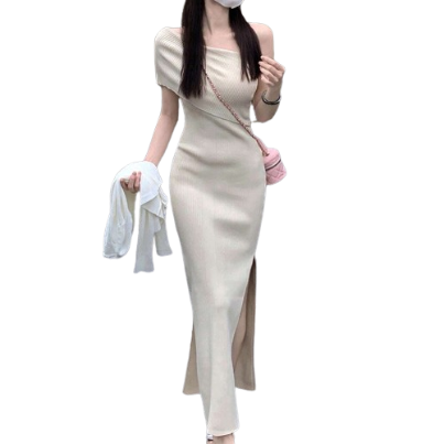 Lovito Women Casual Plain Asymmetrical Split Dress L71ED262 (Apricot)