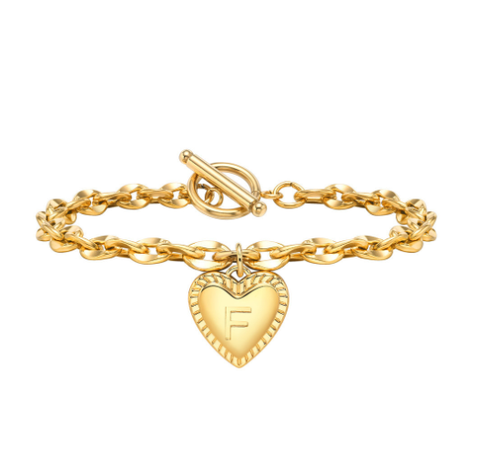 Vnox A-Z Letter Heart Charms Bracelet for Women Girl 18K Gold Elegent Love Stainless Steel Link Chain Initial Jewelry Birthday Present F