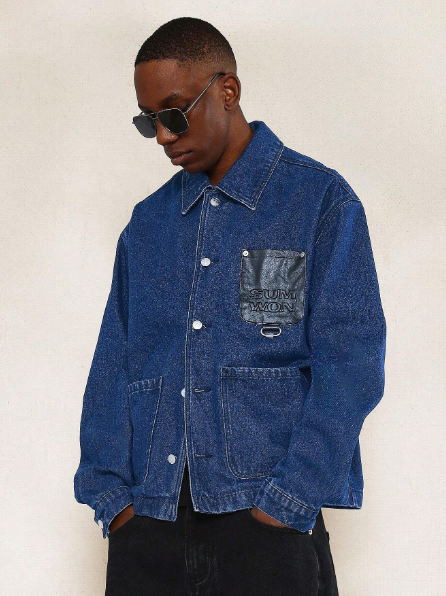 SUMWON Boxy Denim Jacket With PU Pocket & Patch