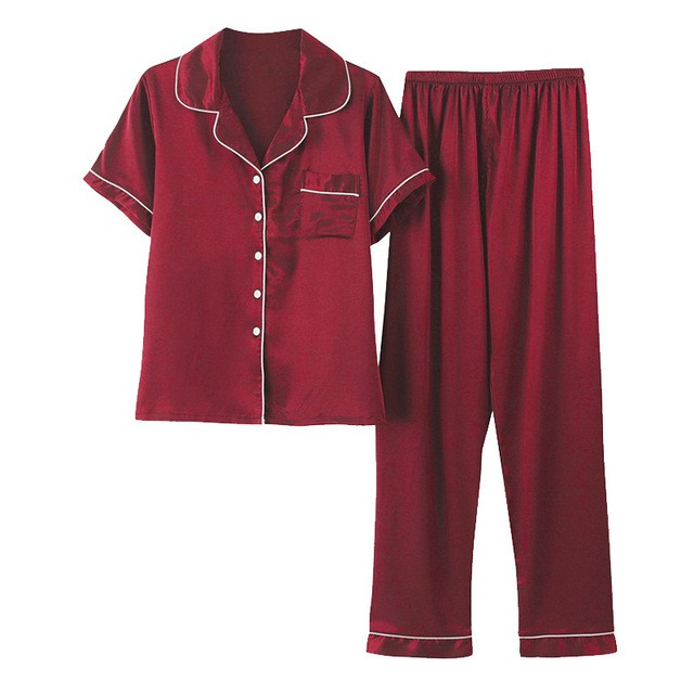 FallSweet Women Pajamas Sets Silk Solid Sleepwear Pyjamas Plus Size V Neck Nigtwear Sets (Burgundy)