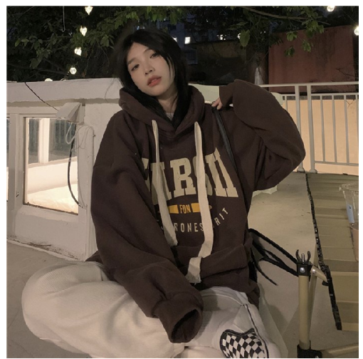 Women Korean Print Long Sleeves Hoodie Oversized Coat