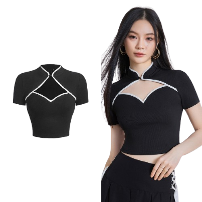 Lovito Women Cut Out Contrast Binding Textured Fabric Short Sleeves T-Shirt L64AD025 (Black)