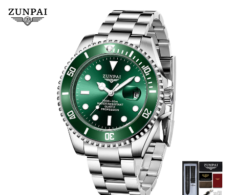 ZUNPAI Watch for Men Original Waterproof Stainless Steel Silver Gold Fashion Business Trend Calendar Luminous Watch  SILVER GREEN