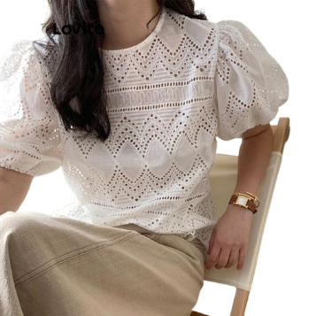Lovito Women Puff Sleeve Blouse LNE21200 (White)
