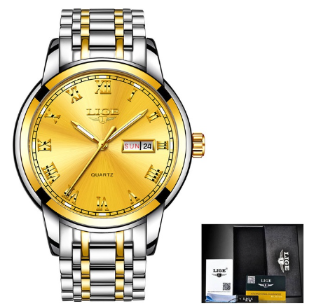LIGE Watch For Couple Original Waterproof Stainless Steel Silver/Gold Fashion Business Trend Calendar Luminous Watches STEEL ALL GOLD