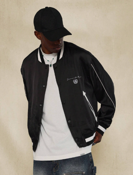 SUMWON Souvenir Varsity Jacket With Letter Graphic Print, Stripe Trim And Sleeve Piping Detail