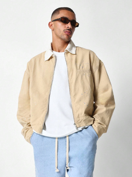 SUMWON Stripe Twill Crop Zip Through Denim Jacket