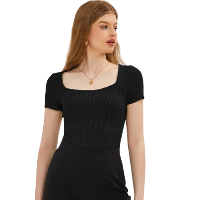 Lovito Vintage Plain Square Neck Rib Knit T-Shirts For Women L20D243 (Green/Black)