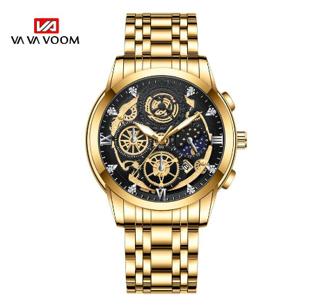 VA VA VOOM Original Waterproof Stainless Steel Men's Watch Multifunctional Quartz Calendar Luminous Watch GOLD