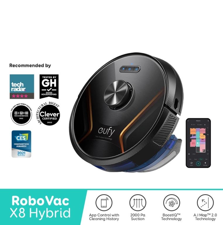 eufy by Anker Robovac X8 Hybrid, Robot Vacuum Cleaner, Pet Hair Cleaner, 2000Pa x2 Suction, for Pets