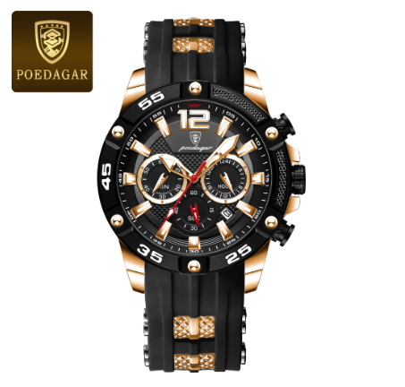 POEDAGAR sports watch for men waterproof original fashion silicone multifunctional chronograph watch luminous calendar display Watch GOLD BLACK