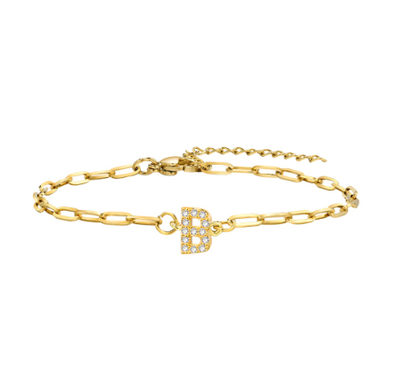 Vnox 18K Gold Zircon Initial Bracelet,Letter Charm Link Stainless Steel Flat Cross Bracelet B