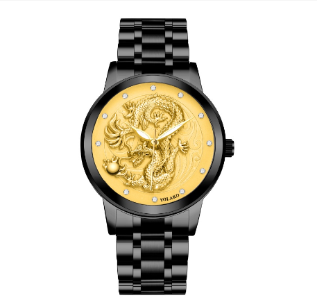 Fashion Men's Full Steel 3D Engraving Gold Dragon Quartz Waterproof Watch Men's Watch BLACK GOLD