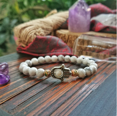 Tibetan Style Hamsa Hand with 6mm Howlite Crystal Bracelet