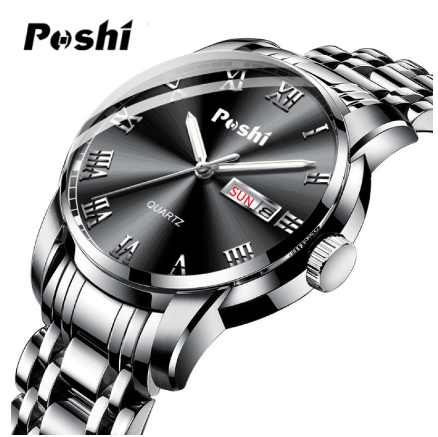 POSHI Dual Calendar Watch Men Waterproof Luminous Automatic Stainless Steel Quartz 08