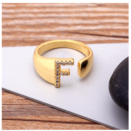 Fashion Chunky Wide Hollow A-Z Letter Gold Color Opening Ring Initials Name Alphabet Female Jewelry F