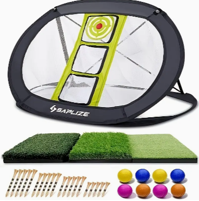 SAPLIZE Golf Chipping Net With Mat, Bamboo Spikes And Pu Balls, Ultra-Stable Pop Up X-Shaped Golfing Target Net For Indoor/Outdoor/Backyard Accuracy And Swing Practice, Portable Golf Training Net