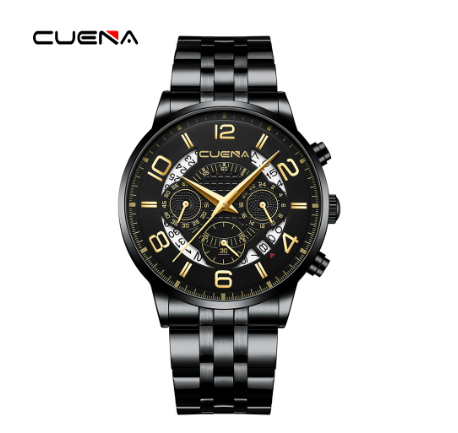 CUENA Original Brand New Men's Watch Luxury Automatic Calendar Fashion Business Sports Stainless Steel Wristband Waterproof Watch BLACK GOLD