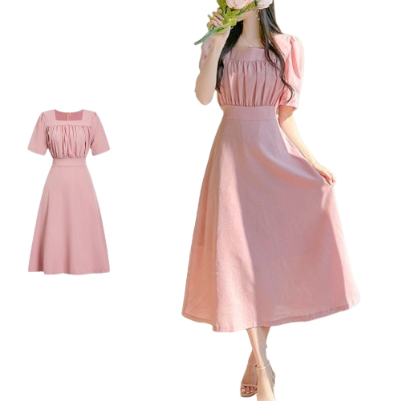 Lovito Women Casual Plain Draped Ball Gown Puff Sleeve Dress L74ED304