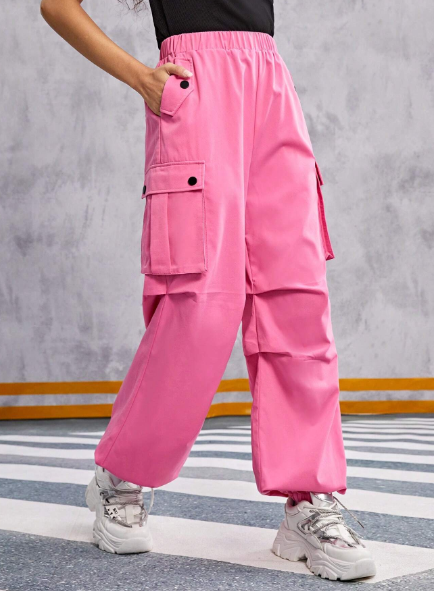 SHEIN Teenage Girls' Woven Plain Color Utility Casual Pants