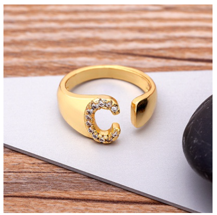 Fashion Chunky Wide Hollow A-Z Letter Gold Color Opening Ring Initials Name Alphabet Female Jewelry C