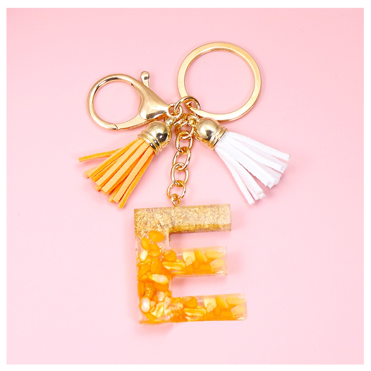 Tassel Gold Foil A-Z 26 Letter Pendent Keychain for Women Orange Resin Keyrings Girls Bag Ornamant Accessories Charms Gifts E