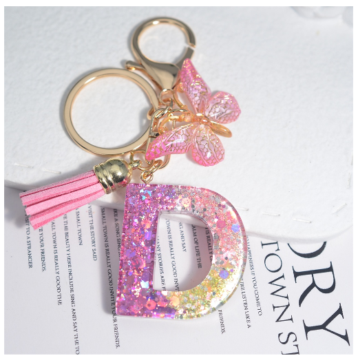 Glitter Sequin Filled 26 Letter Keychain With Tassel Exquisite Butterfly A-Z Alphabet Keyrings Women Bag Pendant Ornaments Gifts D