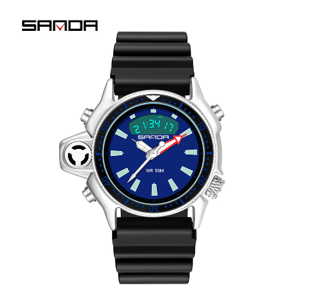 Sanda Waterproof Men Watch Sports Multifunctional Digital Dual Display Mens Watch BLACK BLUE