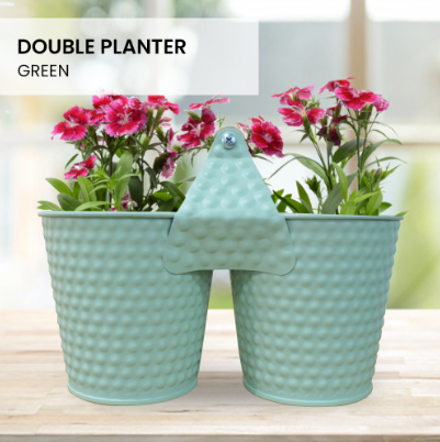 Galvanized Metal Double Bucket Planter Outdoor Plants Container Flower Pot Wooden Handle