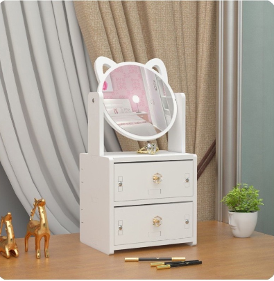 Green Moon Cat Ear Makeup Mirror With Jewelry Compartment Drawer Cosmetic Organizer Table Decor